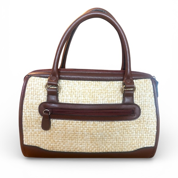 Vintage Woven Straw & Brown Leather Satchel Handbag | Summer Top Handle Purse - Picture 2 of 7